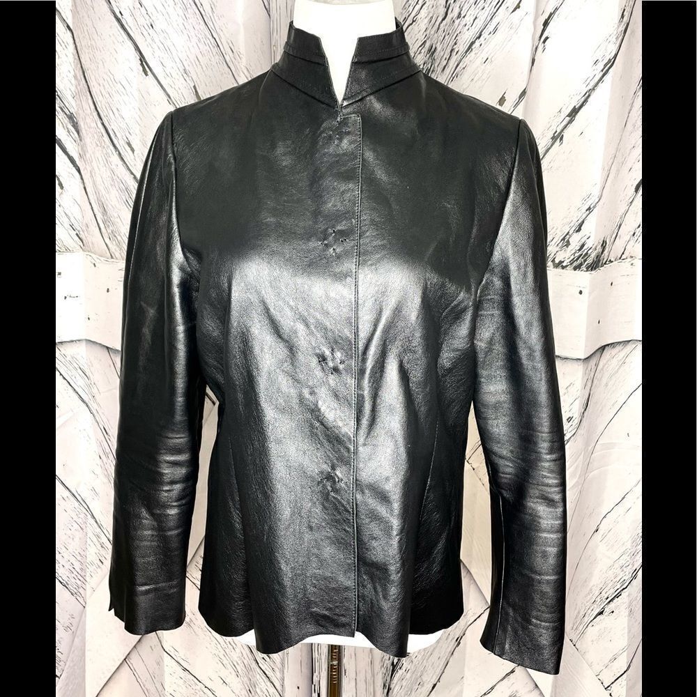 Leather Jacket Snap Front Black Size M/L